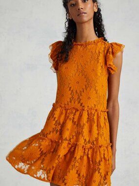 Anthropologie Blue Tassel Tiered Lace Tunic Dress Gold Rust Floral Mini M